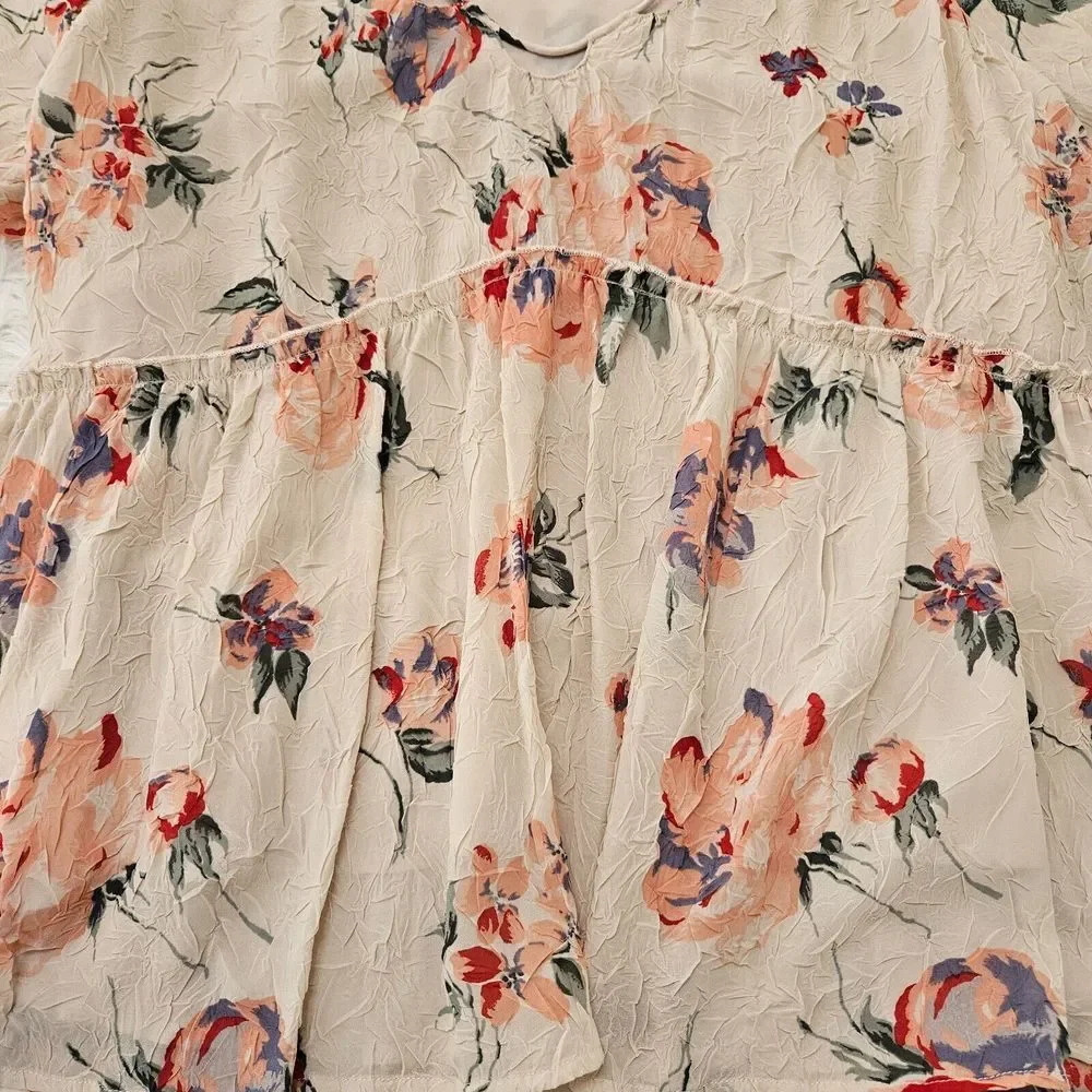 Lucky Brand Women's Floral Crinkle Flutter Sleeve Romantic Babydoll Blouse Sz XL - Picture 3 of 10